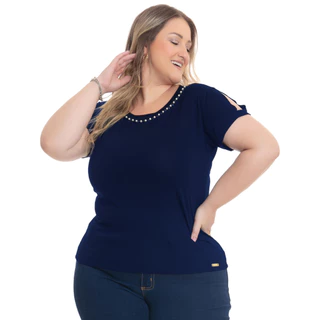 Blusa Feminina Plus Size Detalhe Na Manga E Pedras Gola 0221