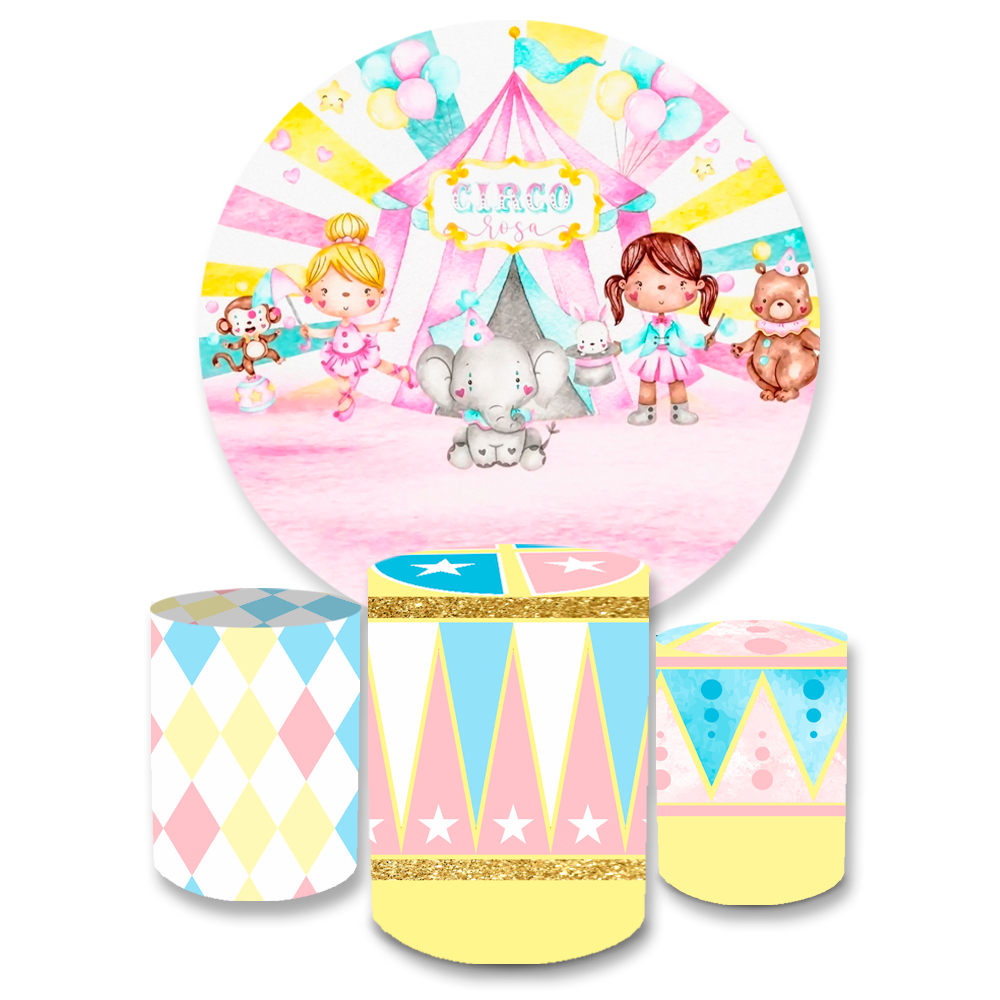 Kit Decorativo Painel Redondo C/ Elástico + Trio Capa Cilindro Circos Variados Sublimado Decoração