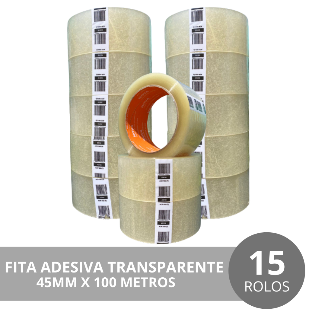 KIT 15 ROLOS DE FITA ADESIVA TRANSPARENTE LARGA 45X100 PARA EMPACOTAMENTO