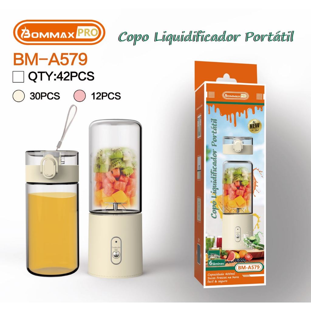 Mini Liquidificador Misturador Portátil Copo de Vidro 6 Lâminas - A579