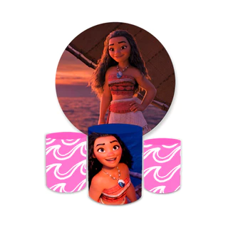 Kit Decorativo Painel Redondo C/ Elástico + Trio Capa Cilindro Moana Festa
