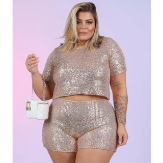 Conjunto Paetê Plus Size Short Cropped Blusa de Manguinha Manga Curta Lantejoulas Vestido Curve