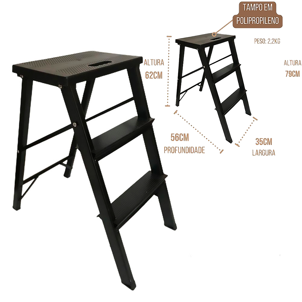 Mini Escada Banqueta Dobravel Aluminio Resistente Tampo De Plastico Preta
