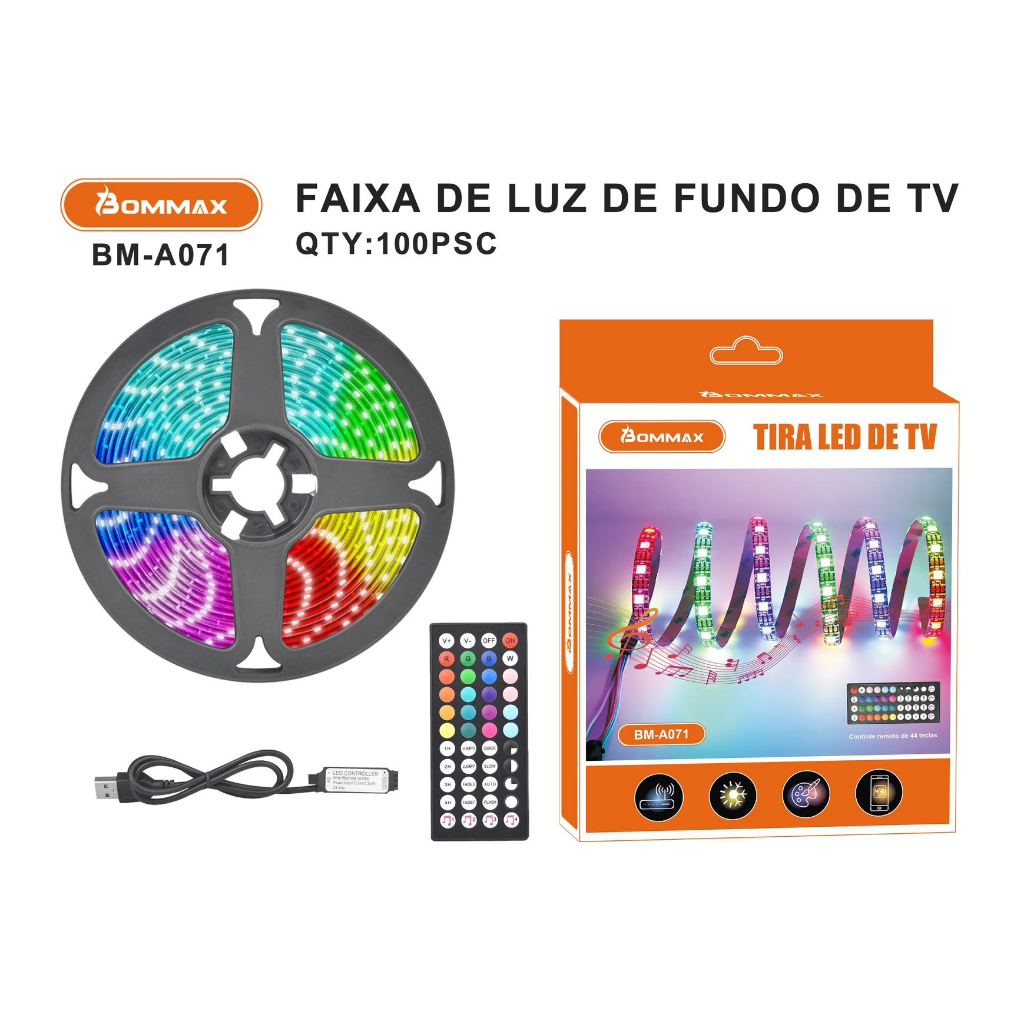 Fita LED 5050 RGB 5M USB Lâmpada Flexível Cabo Controle Bluetooth Comando de Voz 5V - A071