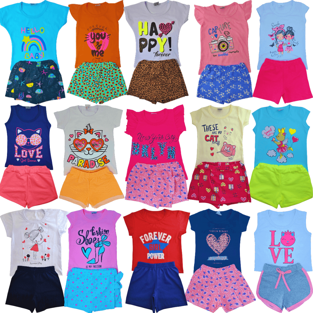 Kit Lote 20 Peças Roupa Infantil Menina - Oferta de 10 Conjuntos Feminino - 10 Camisas + 10 Shorts