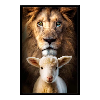 Quadro Decorativo Leão Judá E Cordeiro Moldura 63x43 Grande Sala Quarto Religioso Luxo