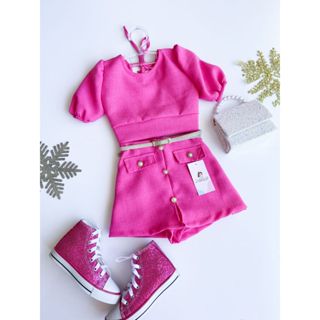 Conjunto Infantil Feminino Cor Única Gola Redonda Manga Longa +