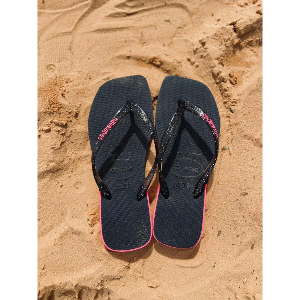 Chinelo Feminino Sandália de Dedo De Borracha Bico Quadrado Com Glíter ...