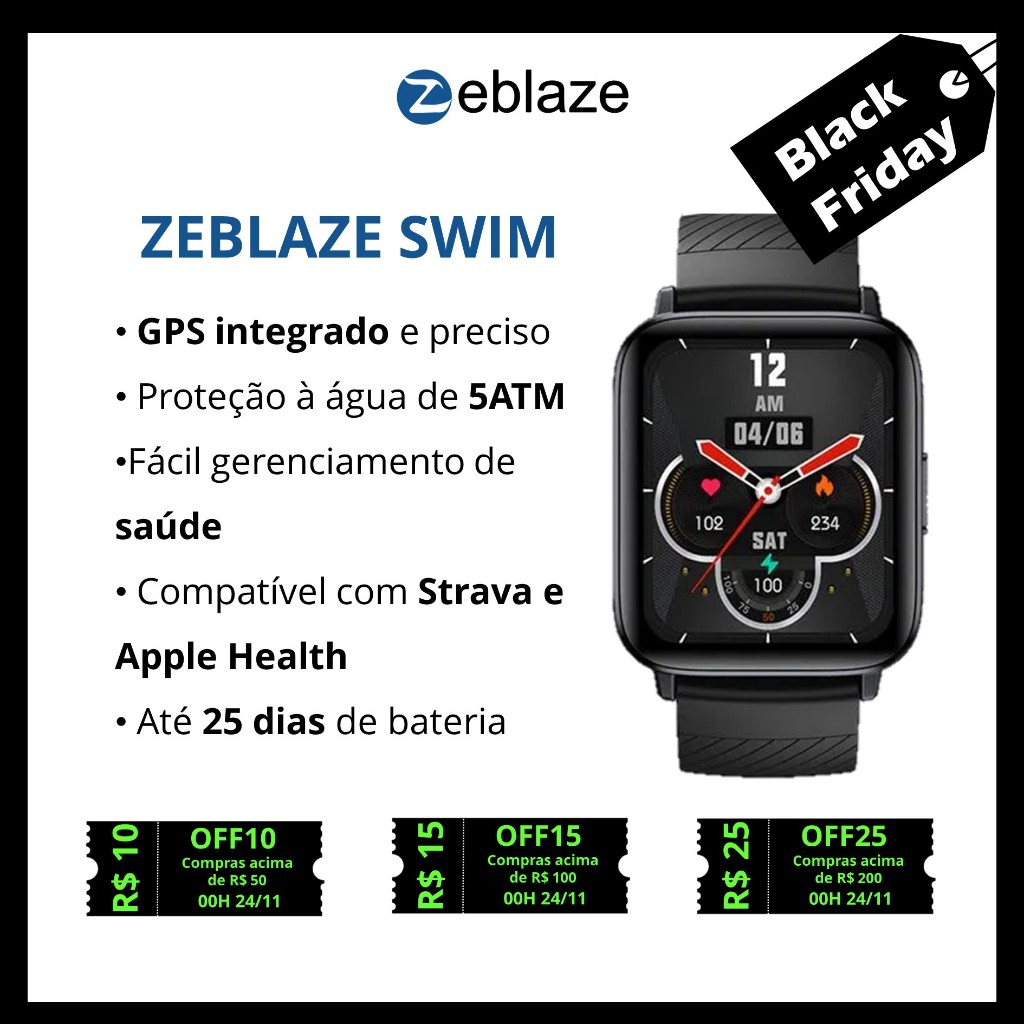 Zeblaze Swim Preto - GPS integrado - A prova d' água até 5 ATM - Relógio inteligente