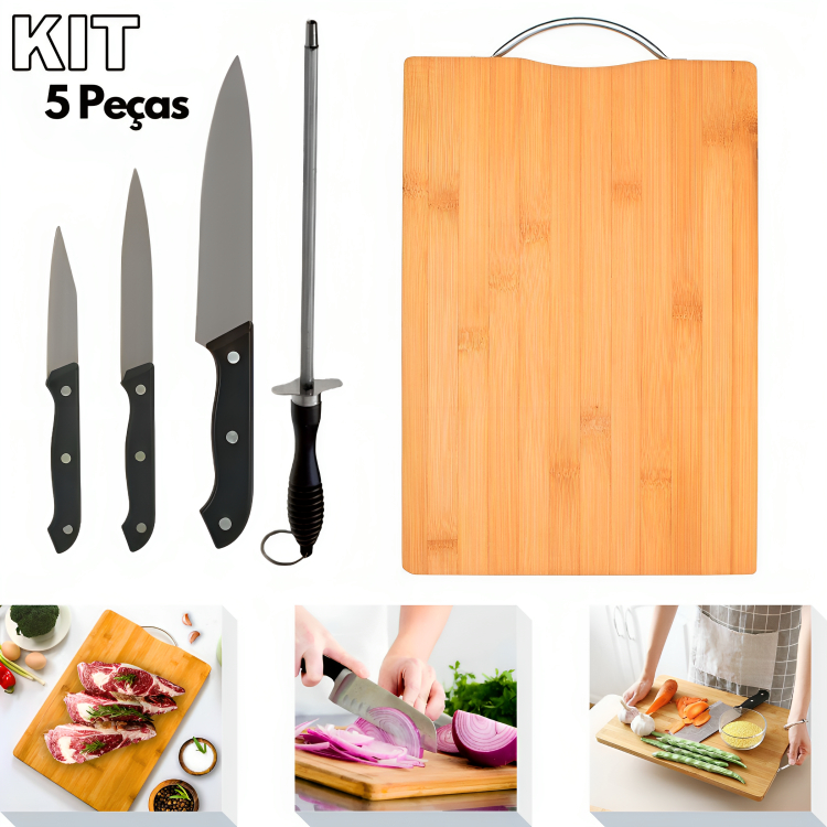 Kit Churrasco Cozinha Tabua 100% Bambu Faca Afiador Aço Inox 5 Peças