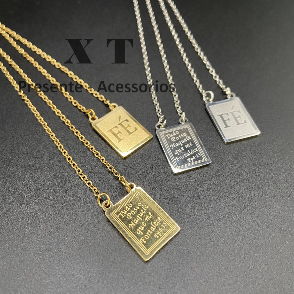 Escapulário de Oração Tudo Posso Naquele que Me Fortalece e Jesus da Fé Prata Aço inoxidável 316L