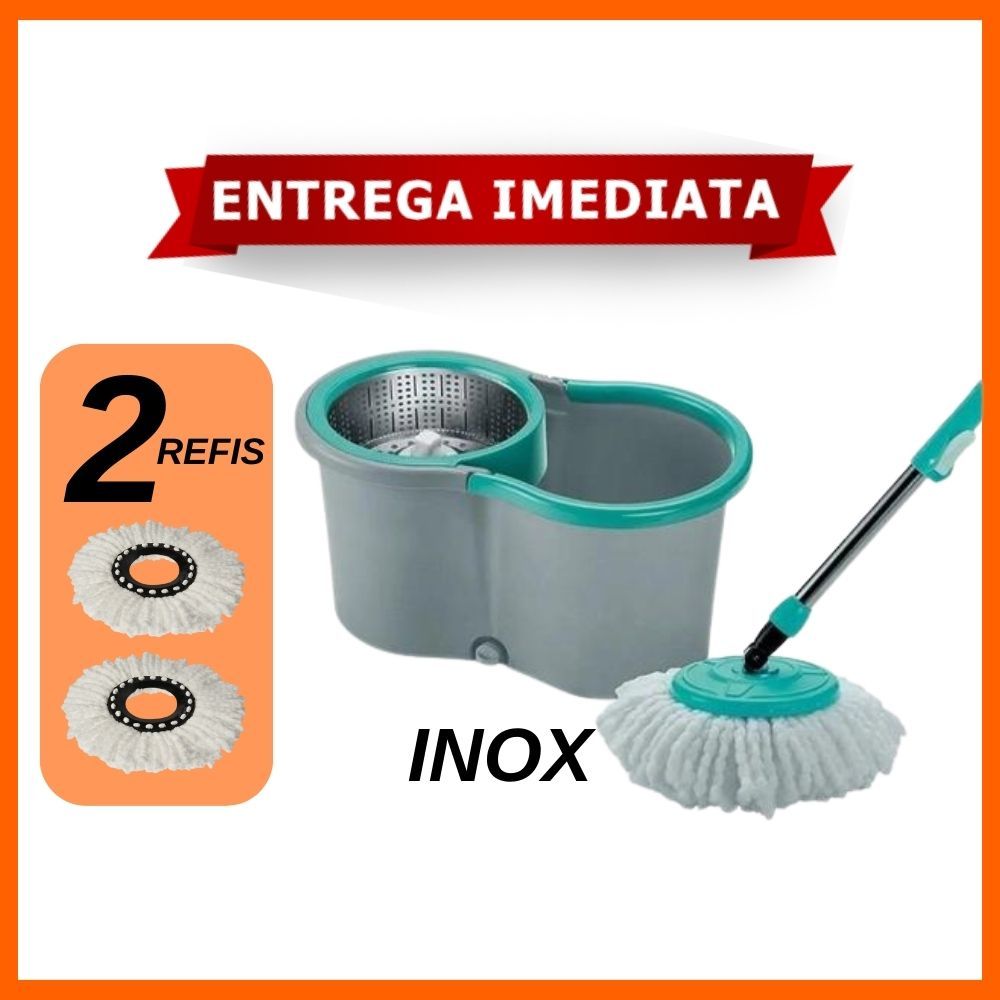 Mop Esfregão Balde 12 Litros Giratório Inox Pro Fit Limpeza Geral 2 refis