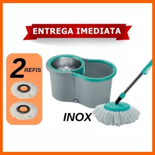 Mop Esfregão Balde 12 Litros Giratório Inox Pro Fit Limpeza Geral 2 refis