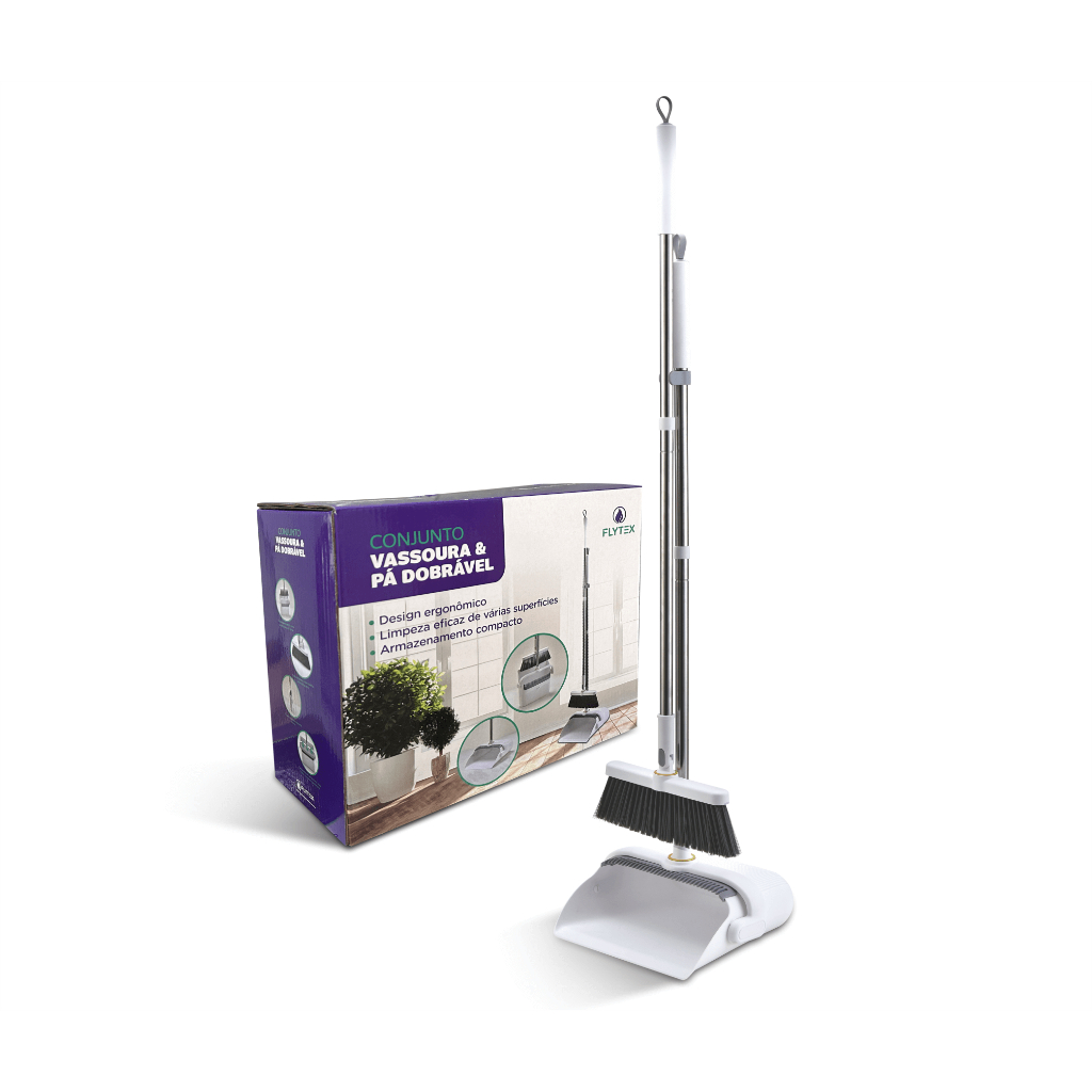 Conjunto Vassoura e Pá Dobrável com Cabo em Aço Inox Resistente - Flytex
