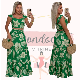 Conjunto Saia Longa e Cropped Verde Estampado