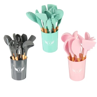 KIT de Utensílios Para Cozinha em Silicone e Bambu 12 Peças