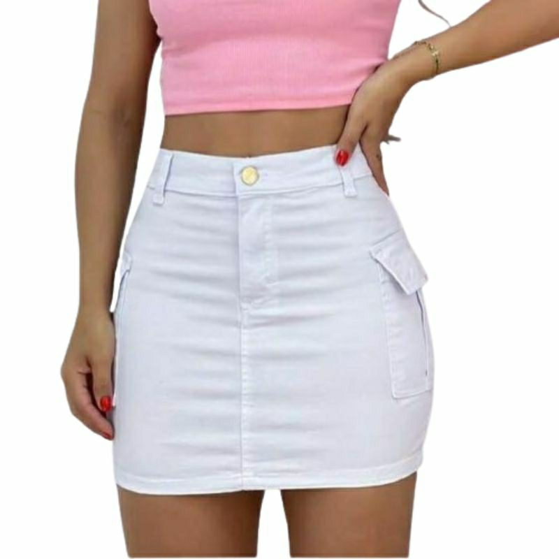 Mini saia cargo jeans branca de alta qualidade empina bumbum