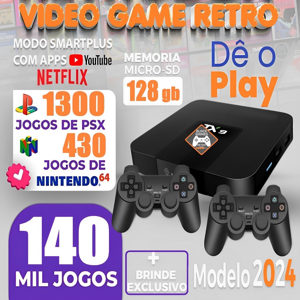 Video Game Retro Box 140 Mil Jogos Classicos Elite128GB + 2 Controle COM Fio Premiun