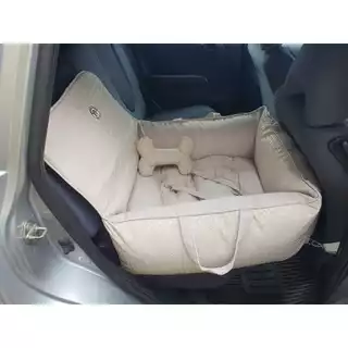 Assento Viagem Para Pet Cachorro de Médio Porte até 20 kg Rosa Couro Sintético Cadeirinha Segurança Bege Couro Com Ziper Interno Facilita a Limpar Alça Para Transportar e Serve Como Cama e Colchonete