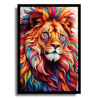 Quadro Decorativo Leâo Colorido Abstrato Moderno Para Quarto Sala Corredor Hall Moldura Grande 63x43cm Criativo