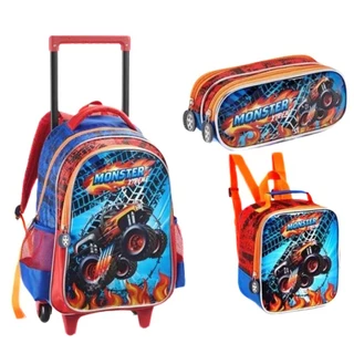 Kit 3 Mochila De Carrinho Monster Xtreme + Lancheira Térmica + Estojo Zíper Personalizado Espaçosa Volta As Aulas