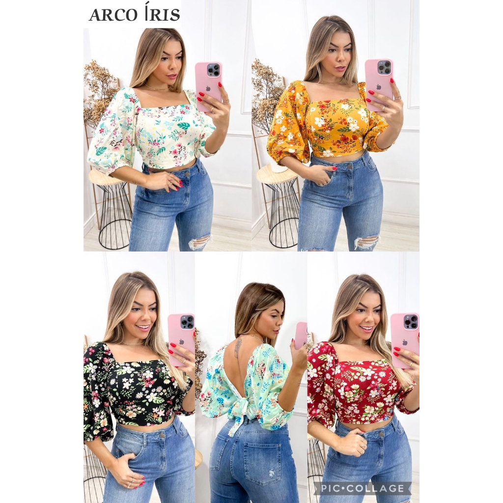 Blusa cropped feminino elegante poliéster estampas sortidas manga curta com  bojo amarração costa aberta