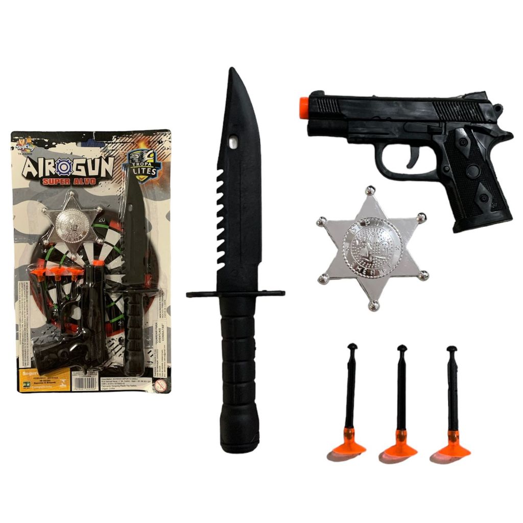 Kit Lança Dardos 3 Arminhas Brinquedo + Algemas + Alvos Lançador  Metralhadora Infantil Pistola Divertido Nerf