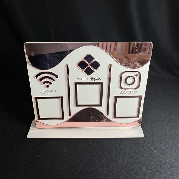 Placa Display de Mesa e Balcão para QR Code WIFI PIX INSTAGRAM no MDF Branco e Acrílico Rosê Espelhado