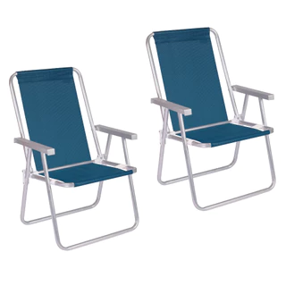 Kit 2 Cadeira Praia Alta Alumínio Conforto 120 kg Mor Azul