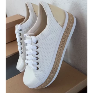 Tênis Casual Perfurado Branco Dourado Plataforma Detalhe corda Sola