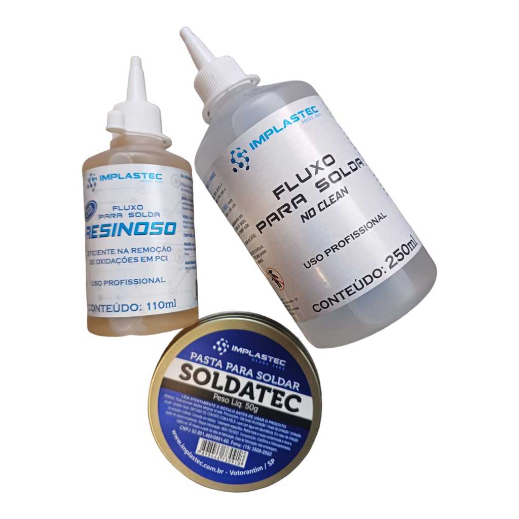 Kit soldagem Fluxo de solda liquido No Clean 250ml + Fluxo de solda Resinoso Liquido 110Ml + Pasta para soldar Soldatec 50g