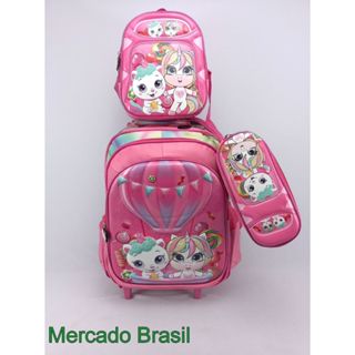 Kit Mochila Escolar Juvenil Feminina de Gatinho Rosa Costas - TOYS