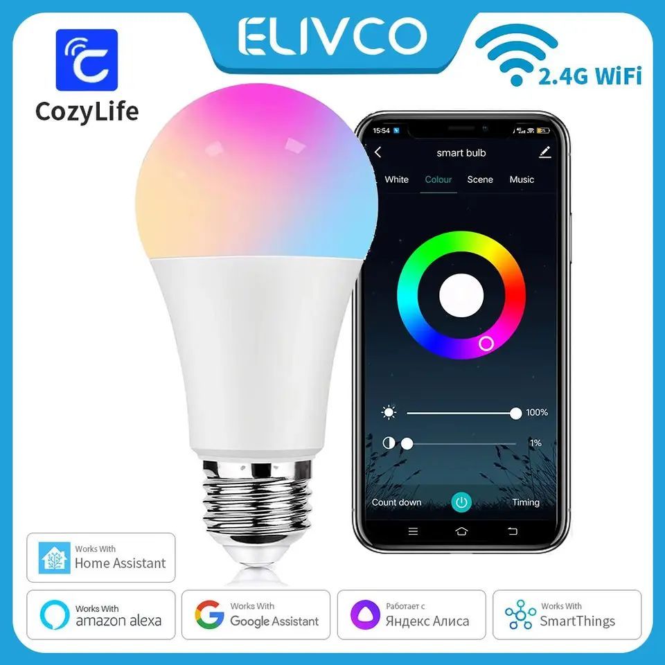 Lâmpada WiFi Smart com Temporizador, Controle de Voz, CozyLife, Suporte SmartThings, Alexa, Google Home, Alice, Assistente de Casa, RGBCW, E27