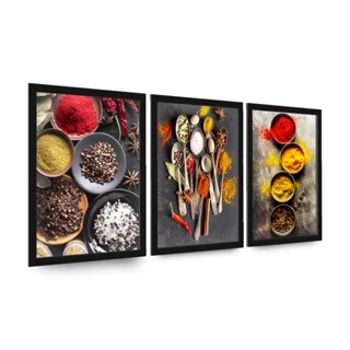 Kit 3 Quadros Cozinha Temperos Gourmet Moldura 63x43 Grande Decoração Restaurante Mosaico