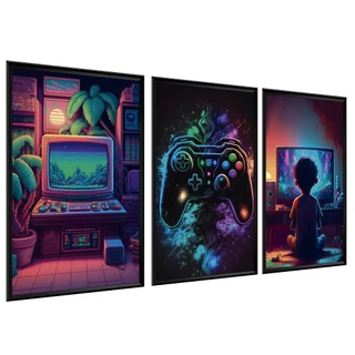 Quadros Decorativos Quarto Gamer Jogos Geek Video Games Setup Moldura Grande 63x43 3 peças
