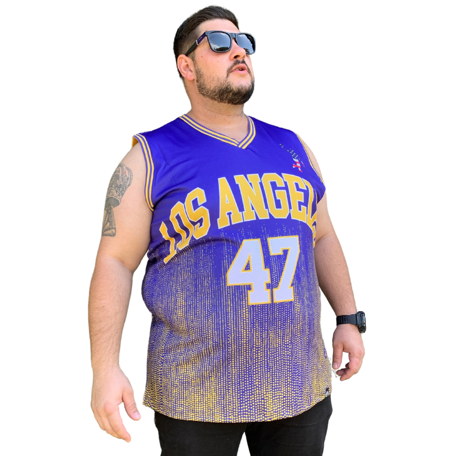 Camisa UV Regata Plus Size Masculina Basquete Los Angeles Roxa 47 Dry Fit Proteção Solar Treino Academia