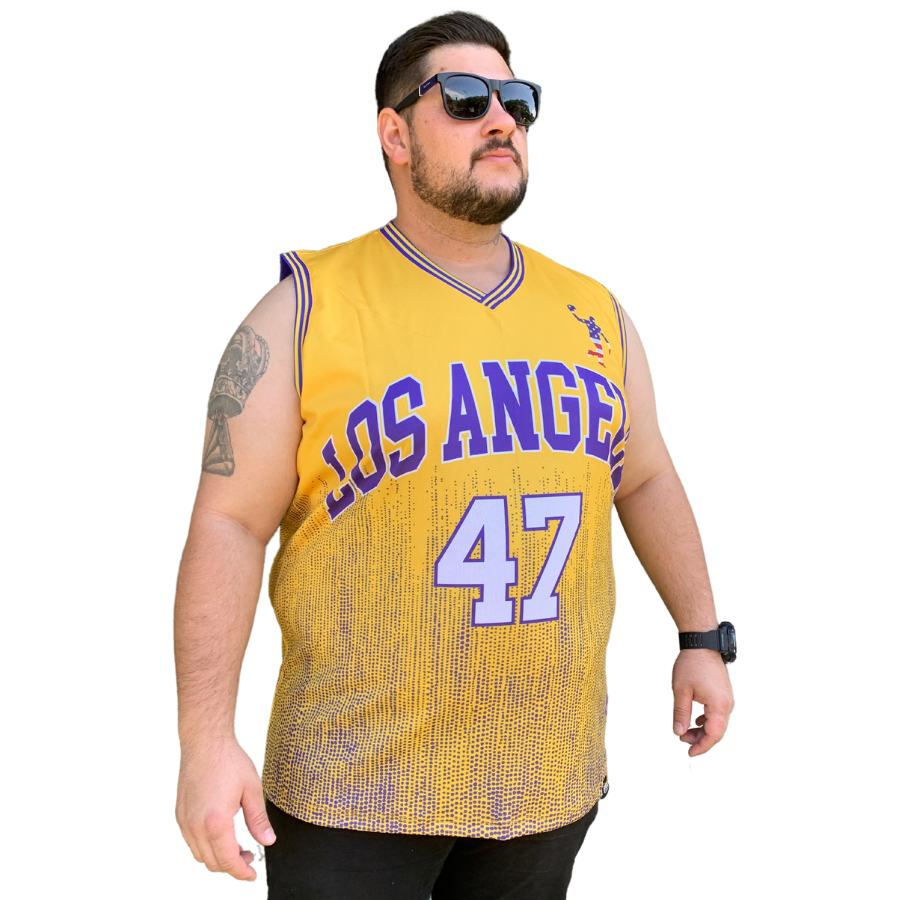 Camisa Uv Regata Plus Size Masculina Basquete Los Angeles 47 Amarelo Dry Fit Proteção Solar Verão