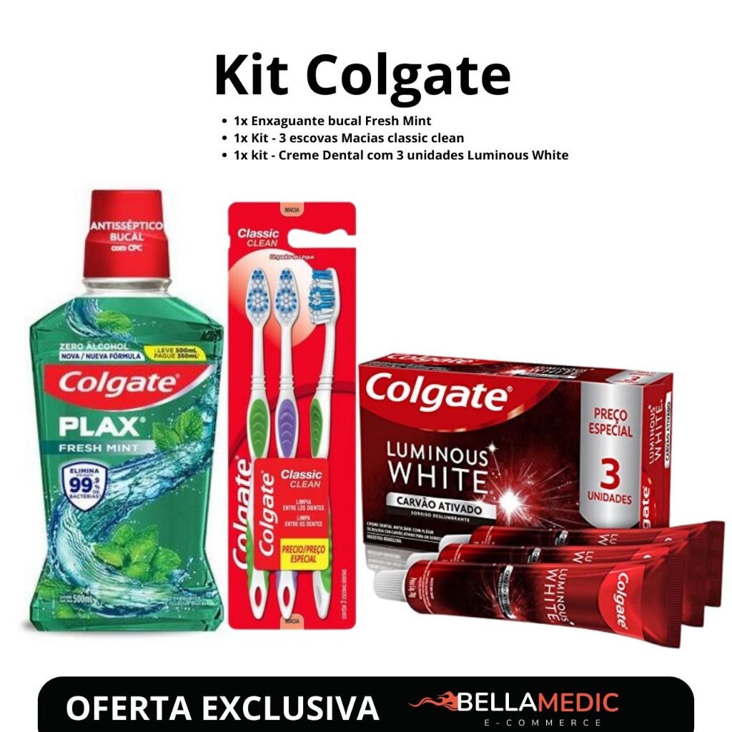 KIT COLGATE PLAX FRESH + CREME DENTAL LUMINOUS + ESCOVA COLGATE CLASSIC ...