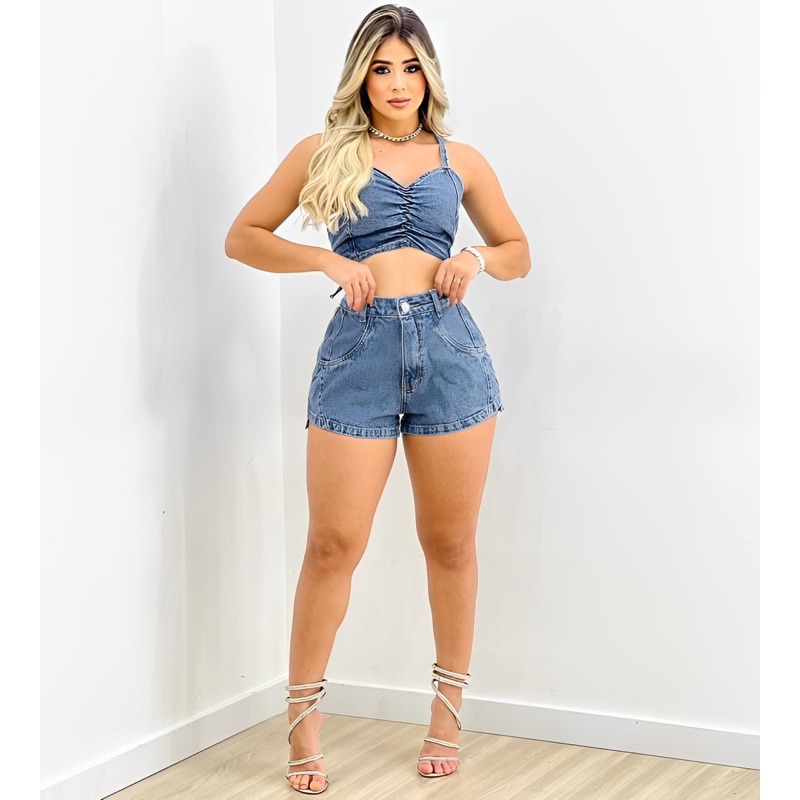 Conjunto Feminino Cropped e Short All Jeans Estiloso Cintura Alta ...