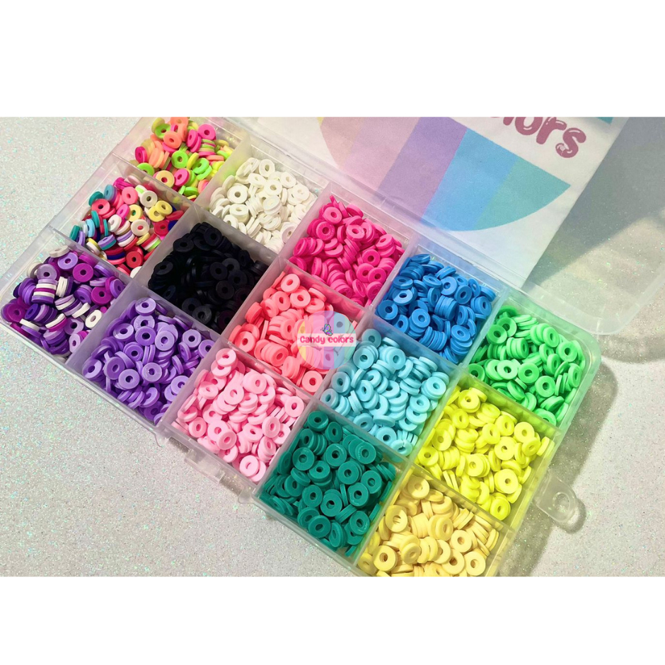 Kit de Fimo Emborrachado Colorido para pulseiras e colares + de 1400 Peças + Fio de Silicone 10 metros, Candy Colors