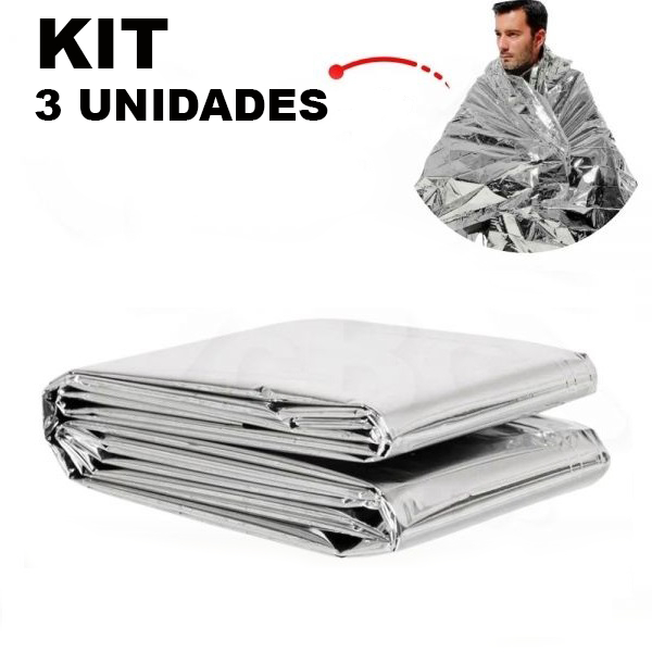 KIT com 3 Cobertor Manta Térmica Aluminizado 2,10 x 1,40m Para Resgate, Emergência e Camping