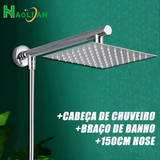 Ducha Chuveiro Inox 304 Quadrado 20/25/30 cm Preto E Cromado Com Braço E 150cm Mangueira Montagem na Parede