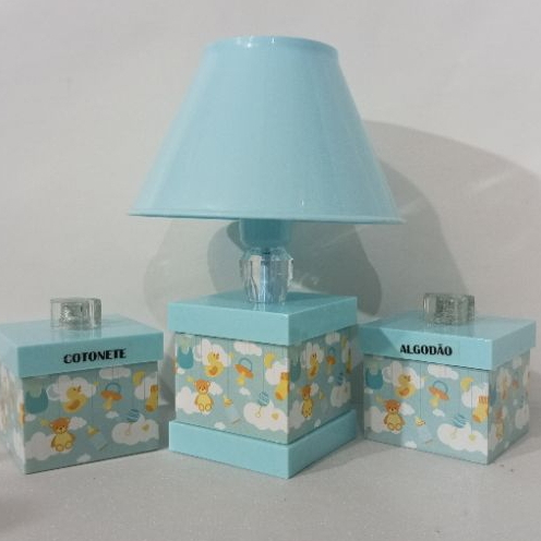 Kit Abajur + Porta Cotonete E Algodao Mesa Cabeceira Decoraçao Bebe Menino