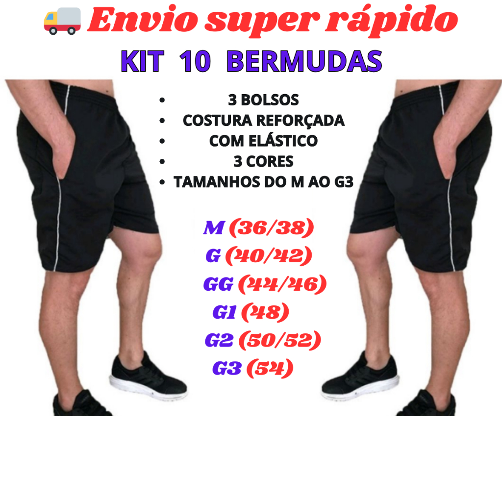 Bermuda Masculina Tectel Kit Com 10 Peças 3 Bolsos Tactel Do M ao G3 Plus Size