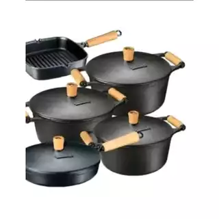 Jogo de 3 panelas caçarolas conjunto de 2 frigideiras de ferro fundido com tampas craqueadas..