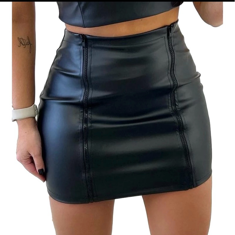 Saia De Couro Ecológico Com 2 Zíper na Frente moda blogueira