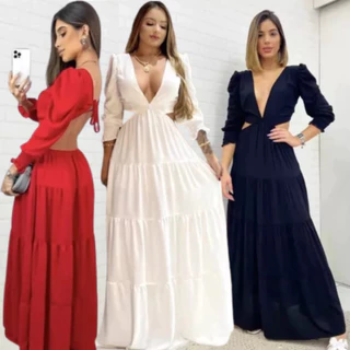Vestido Feminino Longo Manga Longa Decote V Profundo Casamento Lançamento Luxo Festa Madrinha Princesa