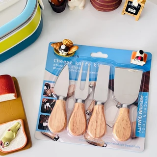 Kit Conjunto De Utensílios Para Queijo 4 Peças Premium em Inox e Madeira