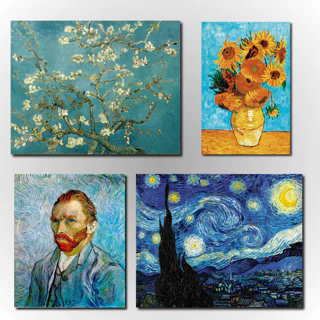 Kit 4 Quadros Van Gogh Noite estrelada- Amendoeira- 12girassoi em uma jarra e auto retrato van gogh