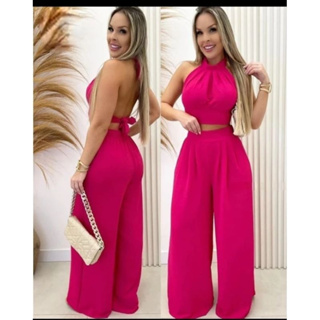 Conjunto feminino duna areia calça pantalona e cropped com bojo modelo lavinia elegante